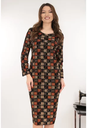 Rochie dreapta neagra cu print geometric caramiziu