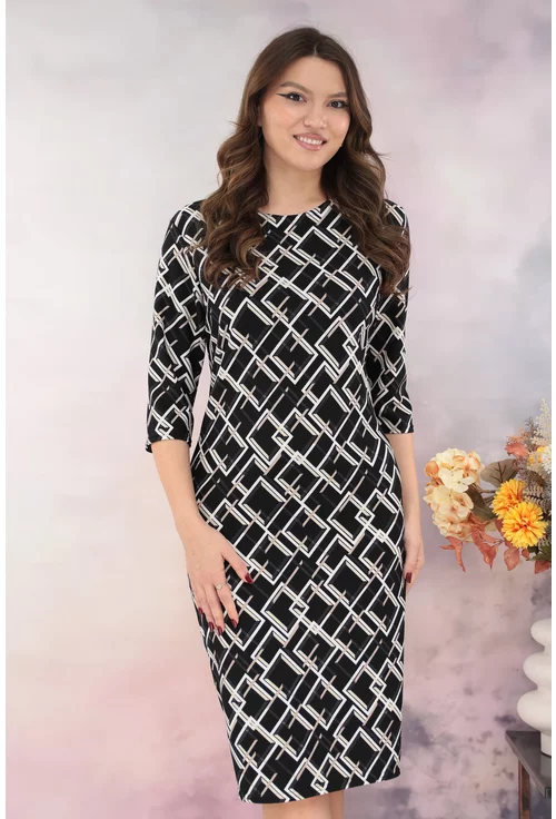 Rochie dreapta neagra cu romburi crem imprimate