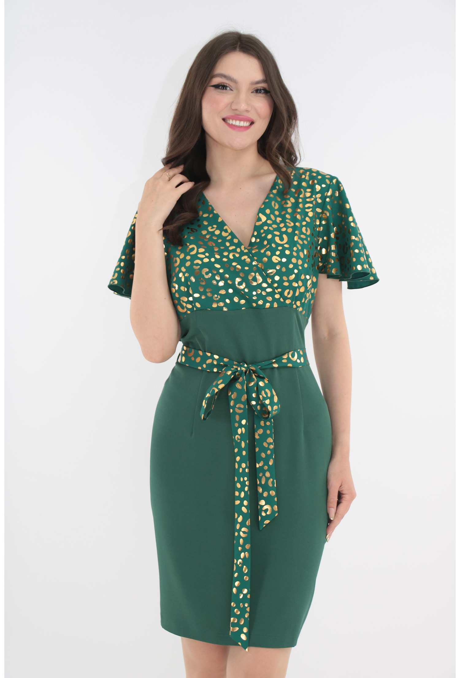 Rochie dreapta verde cu imprimeu auriu