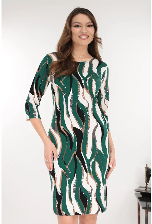 Rochie dreapta verde cu print abstract bej-negru