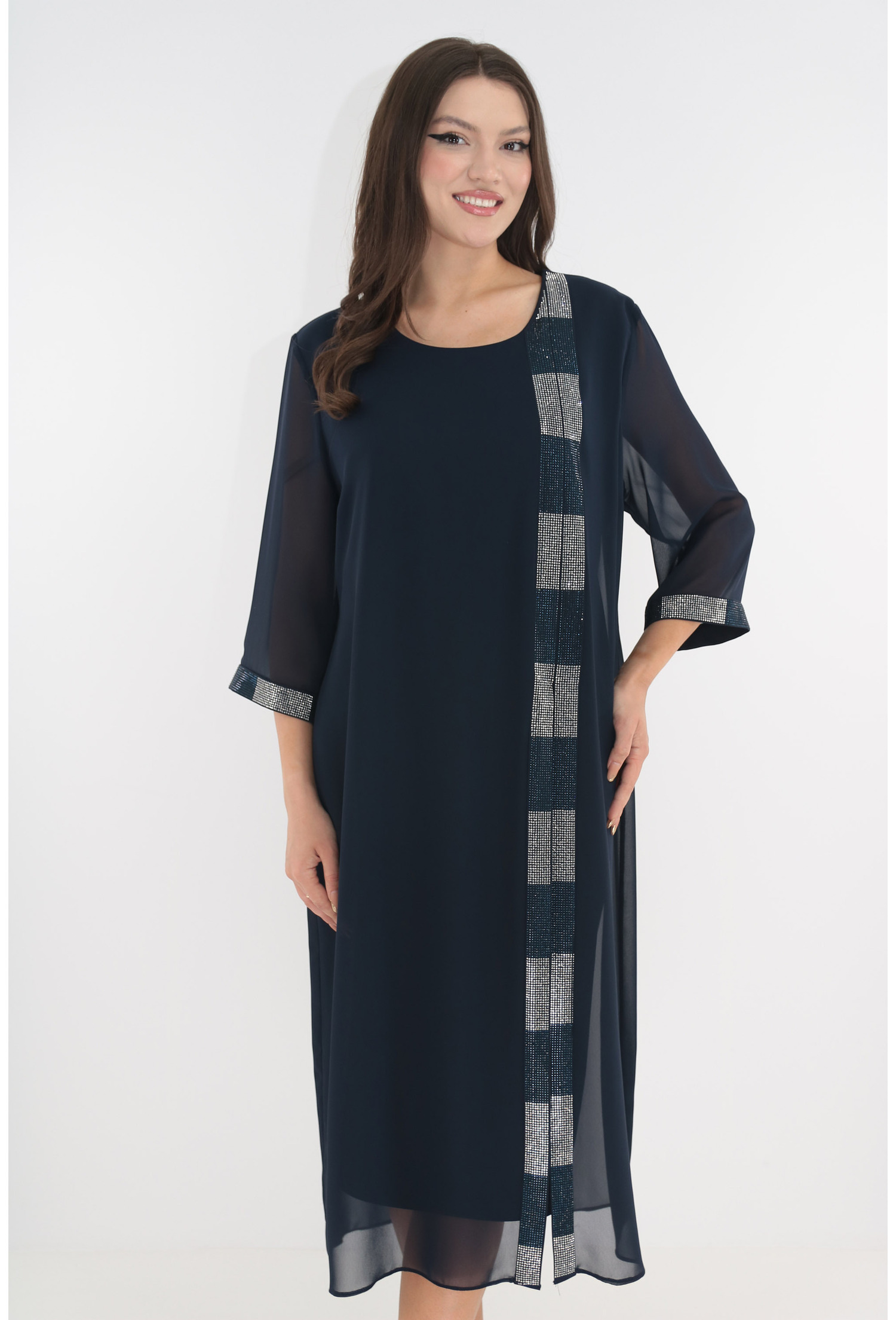 Rochie eleganta bleumarin cu aspect suprapus si strasuri