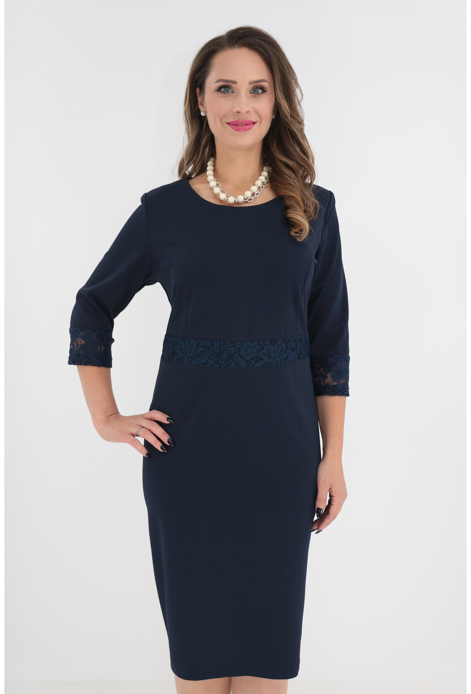 Rochie eleganta bleumarin cu insertii din dantela