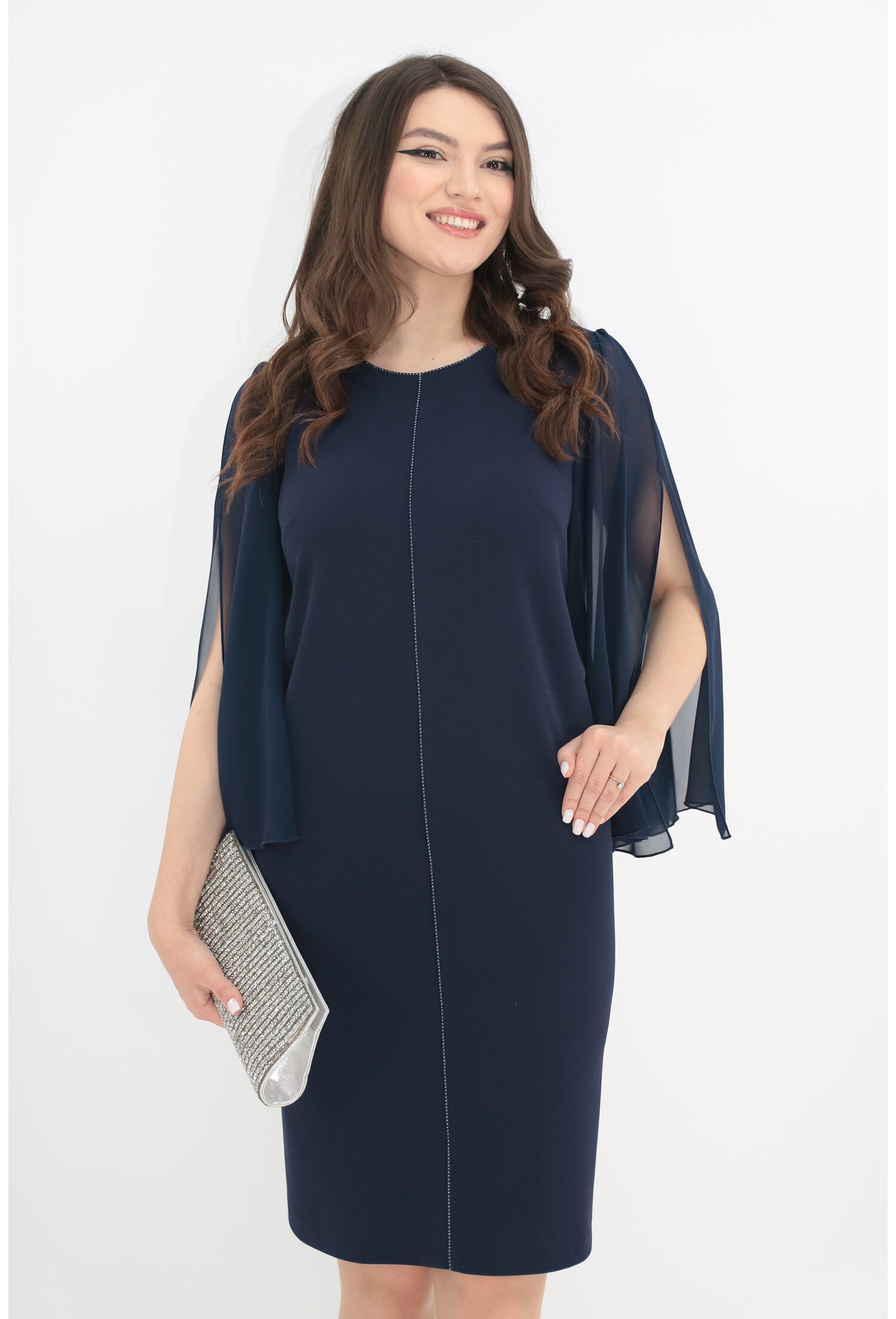 Rochie eleganta bleumarin cu maneci ample din voal