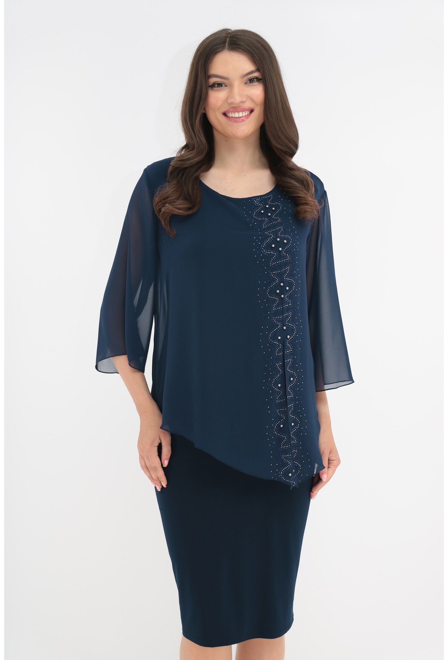 Rochie Eleganta Bleumarin Cu Strasuri Si Aspect Suprapus