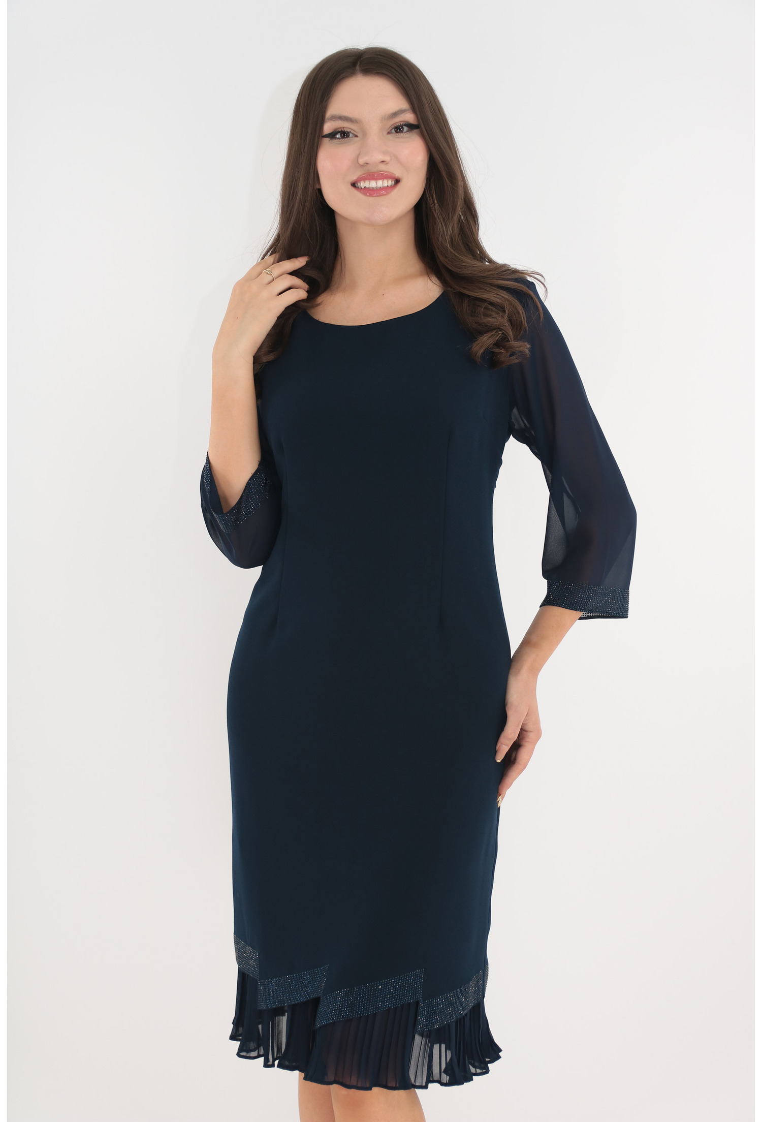 Rochie eleganta bleumarin cu strasuri si volan plisat la tiv