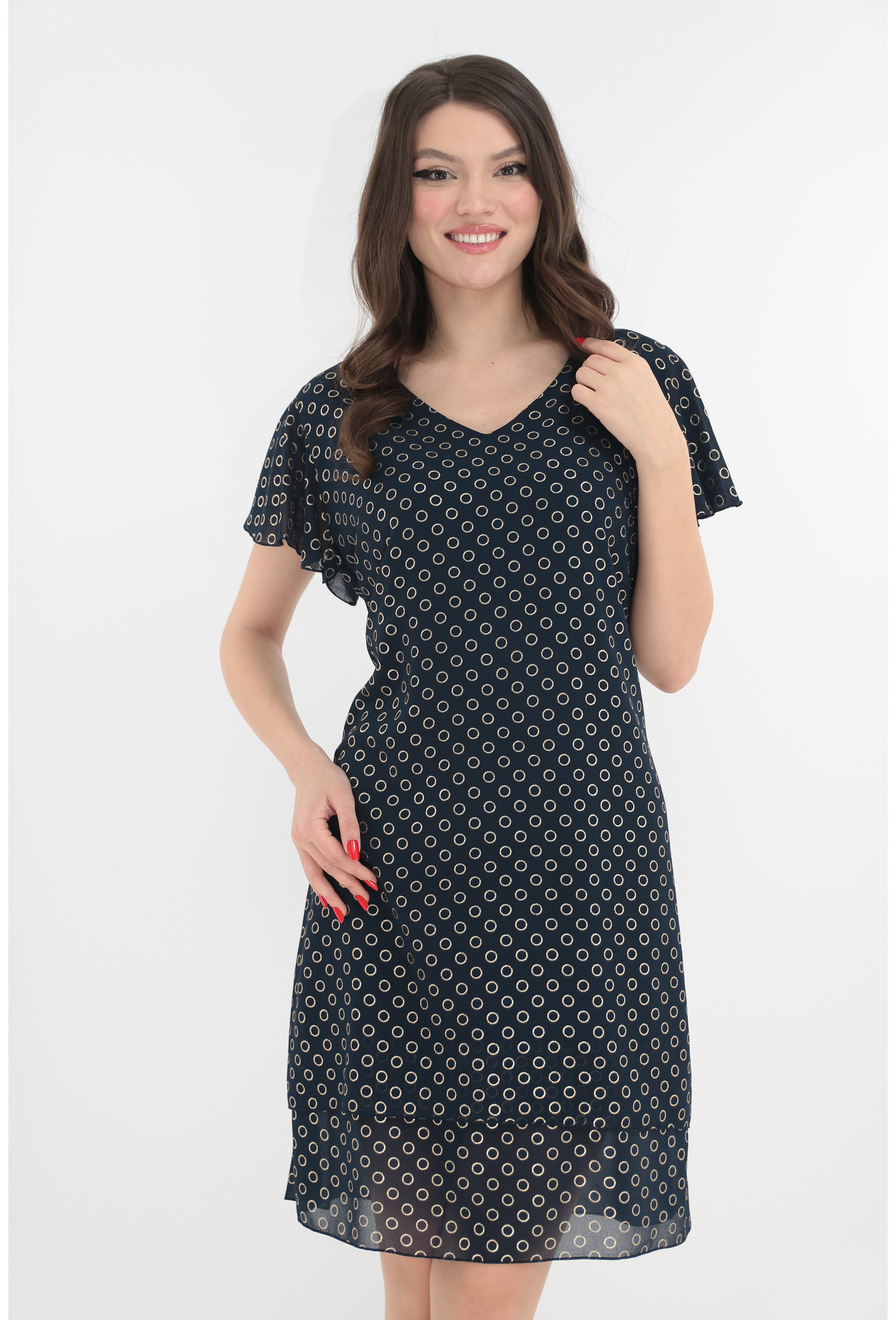 Rochie eleganta bleumarin cu voaluri suprapuse si cerculete aurii