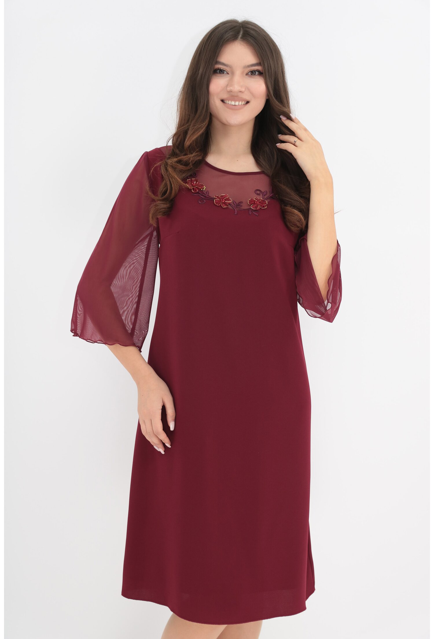 Rochie eleganta bordo cu broderie florala 3D