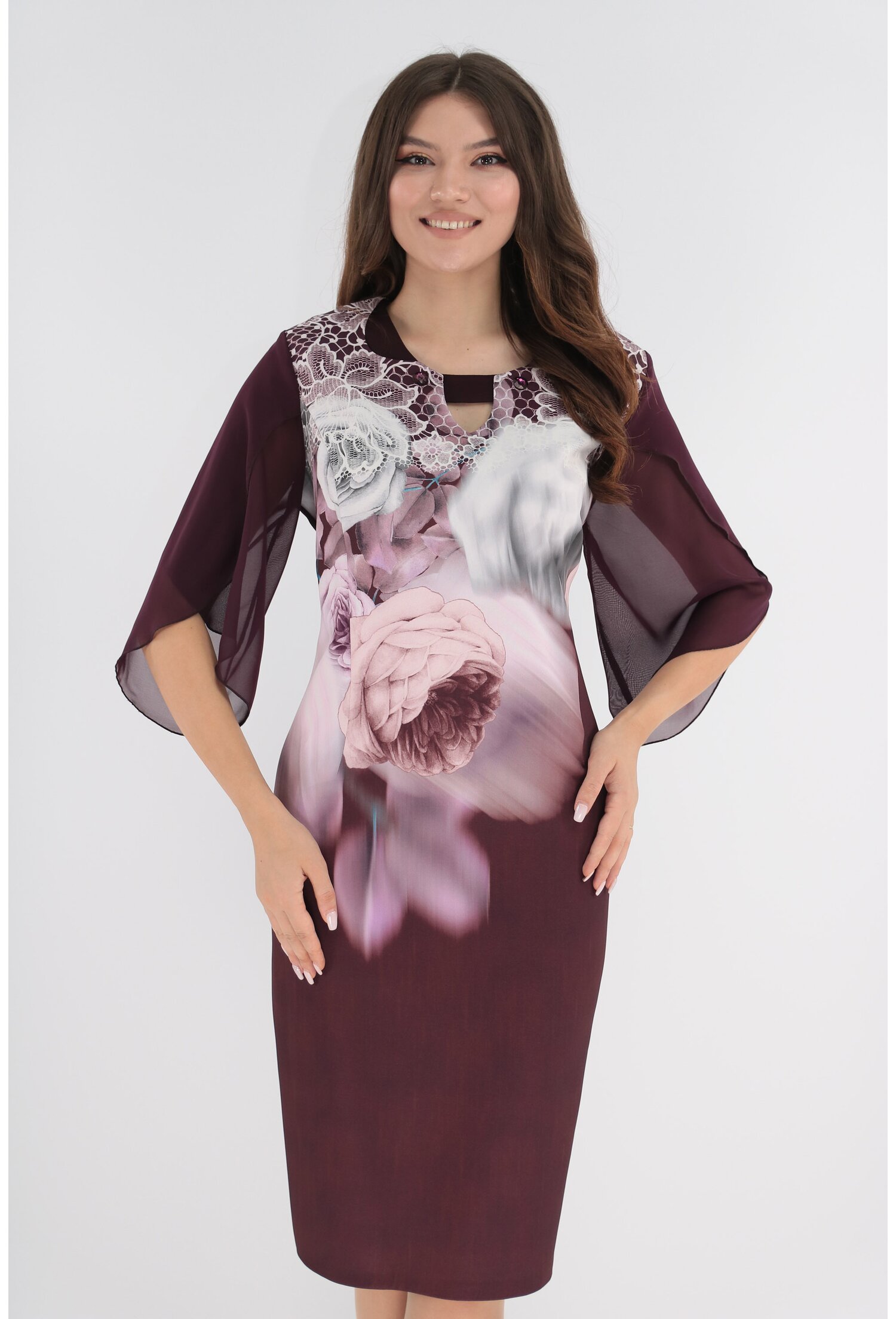 Rochie eleganta bordo cu print floral maxi