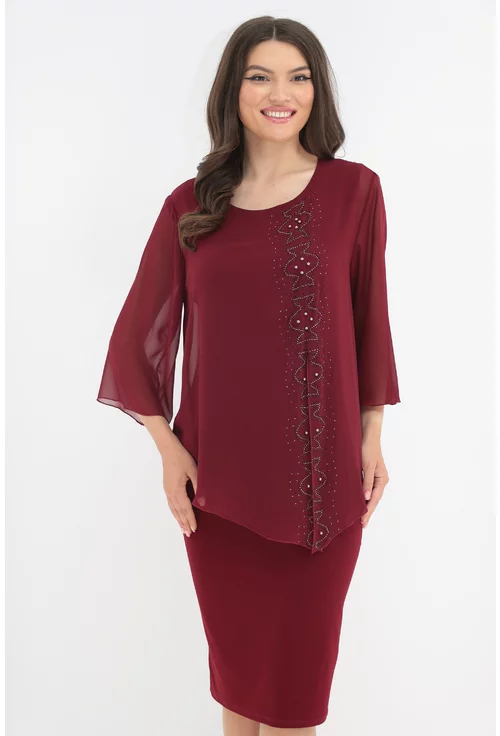 Rochie eleganta bordo cu strasuri si aspect suprapus