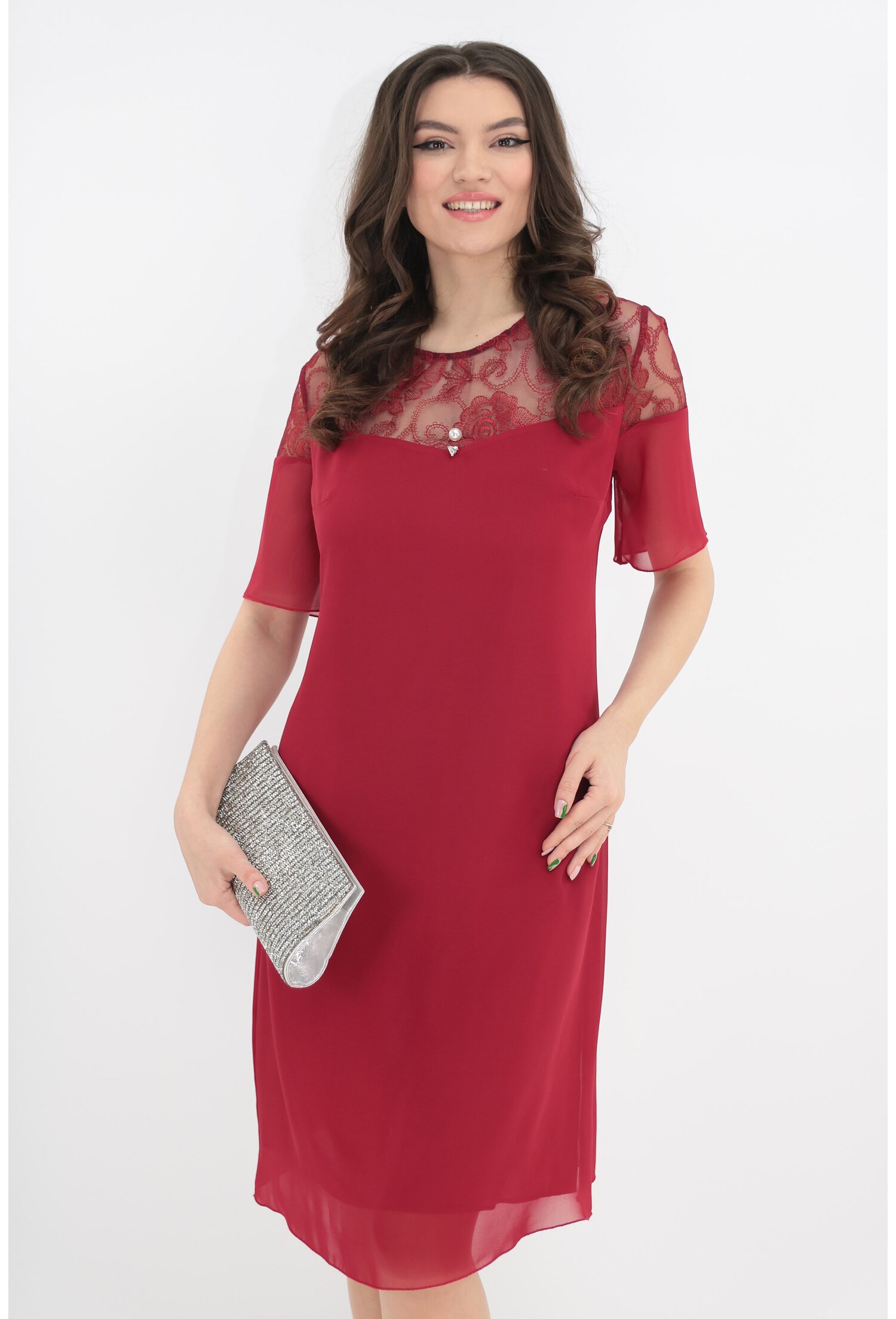 Rochie eleganta bordo din voal si dantela