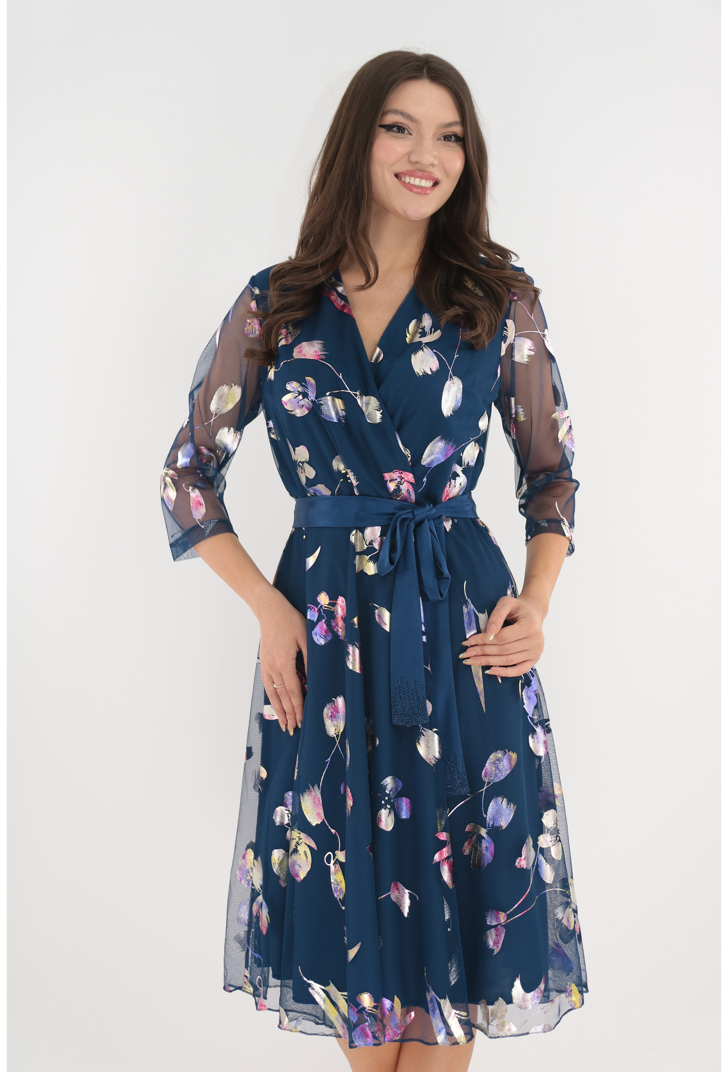 Rochie eleganta clos din mesh albastru cu print stralucitor