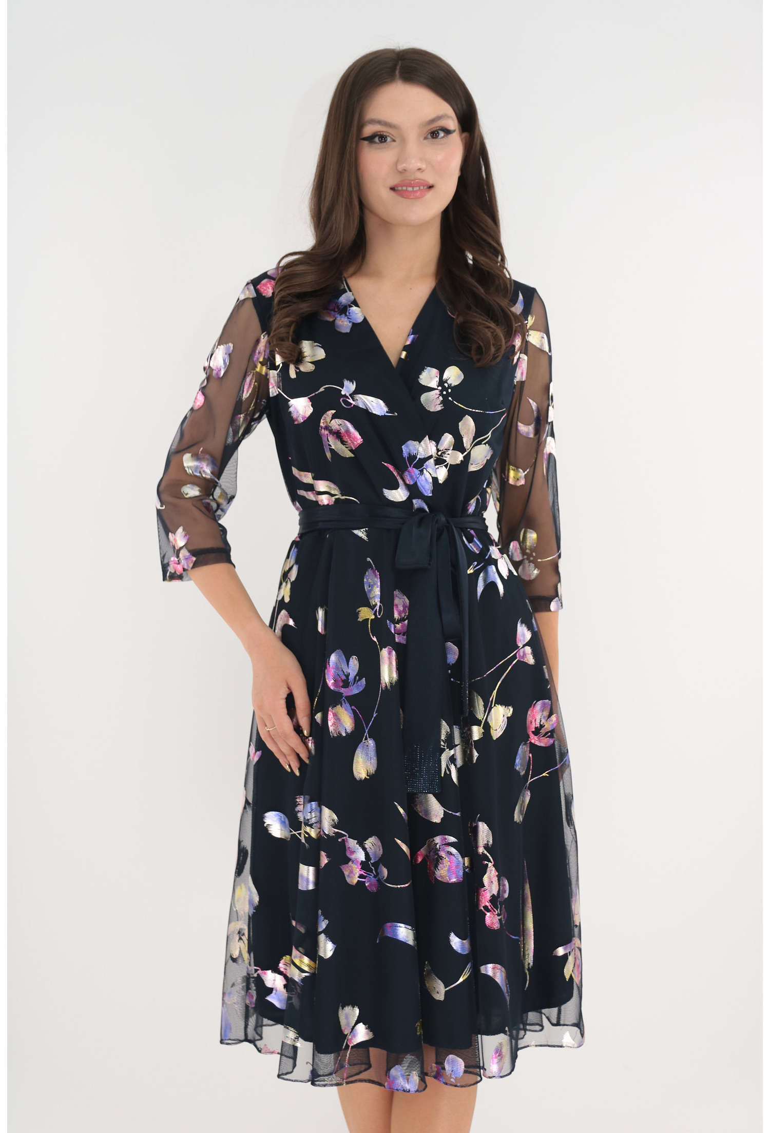 Rochie eleganta clos din mesh bleumarin cu print stralucitor