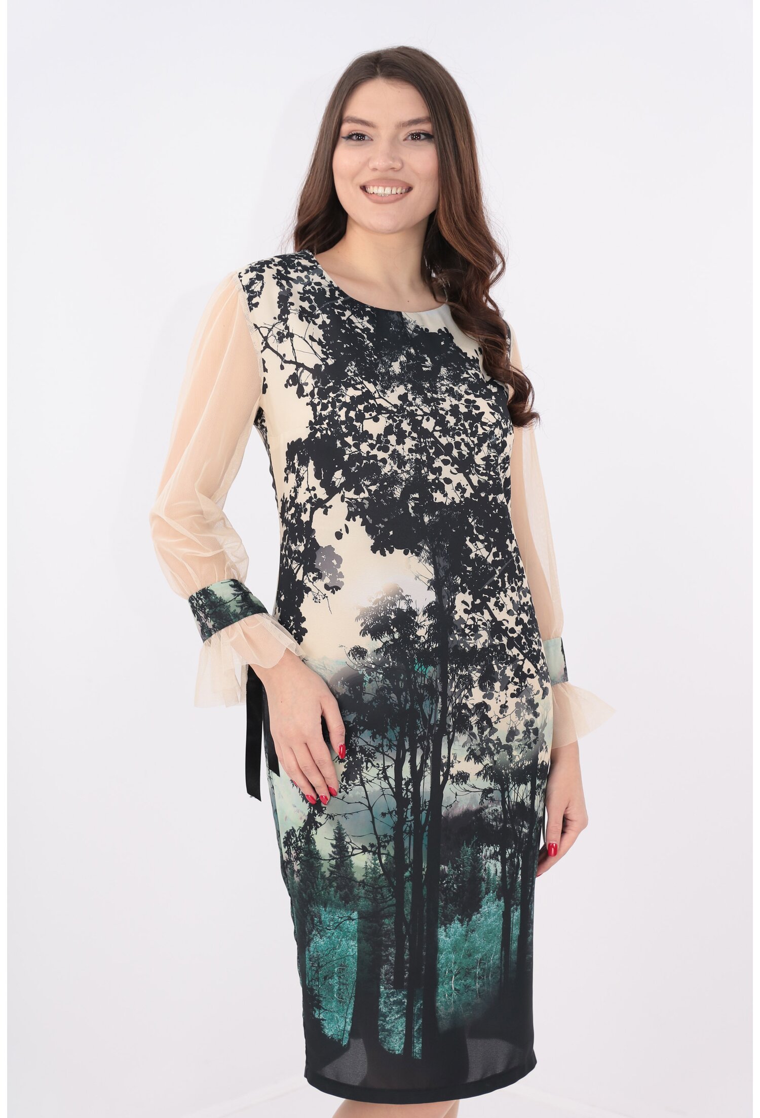 Rochie eleganta crem cu print negru - Rochii elegante