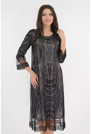 Rochie eleganta din lurex lila cu print abstract si mesh negru