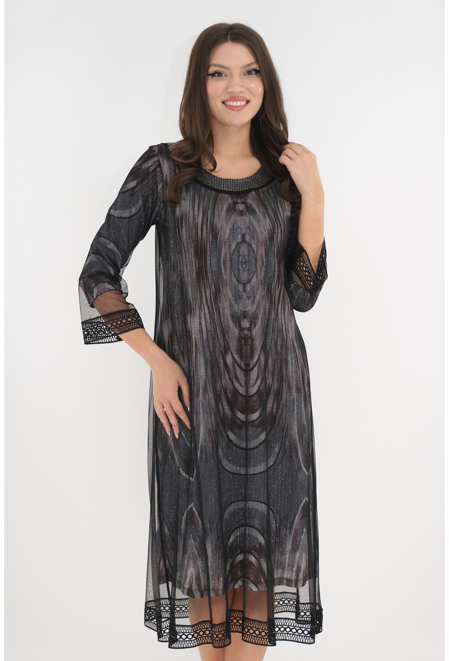 Rochie eleganta din lurex lila cu print abstract si mesh negru