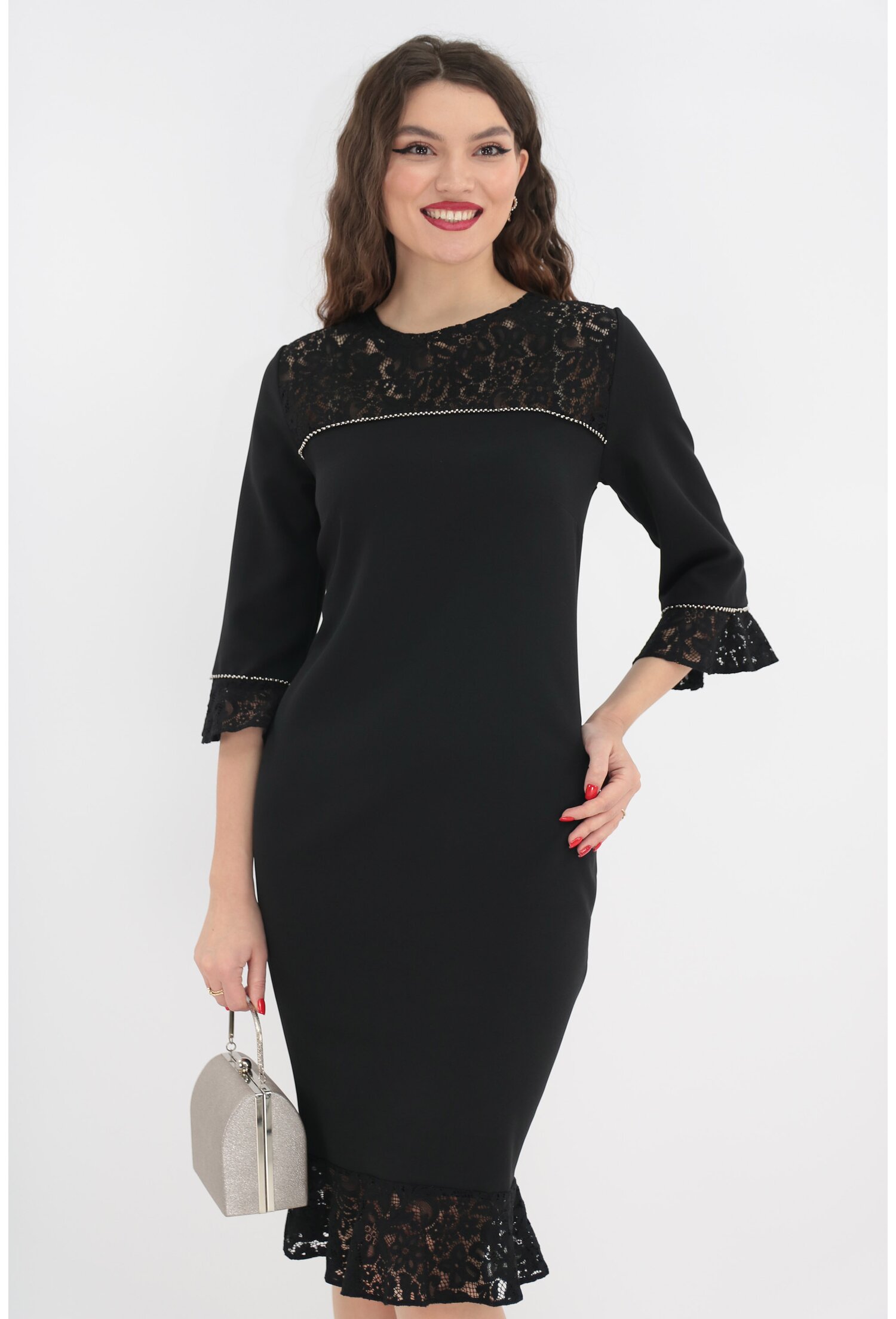 Rochie eleganta din stofa cu dantela neagra cu print floral