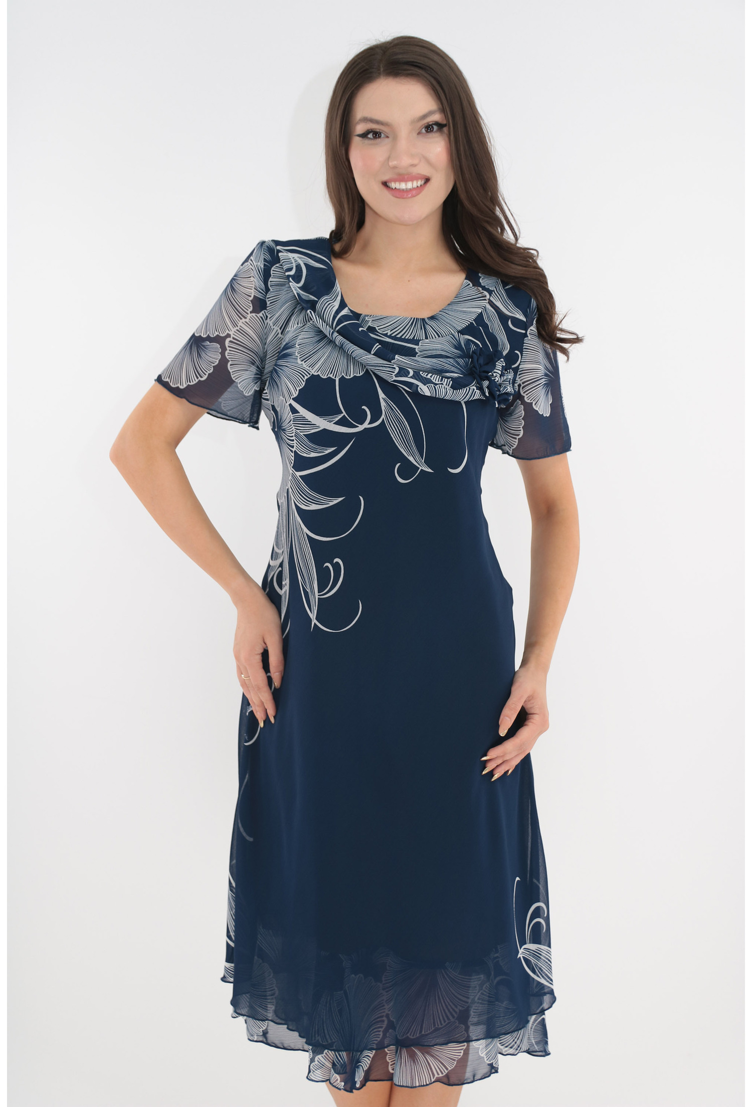 Rochie eleganta din voal albastru cu print floral alb