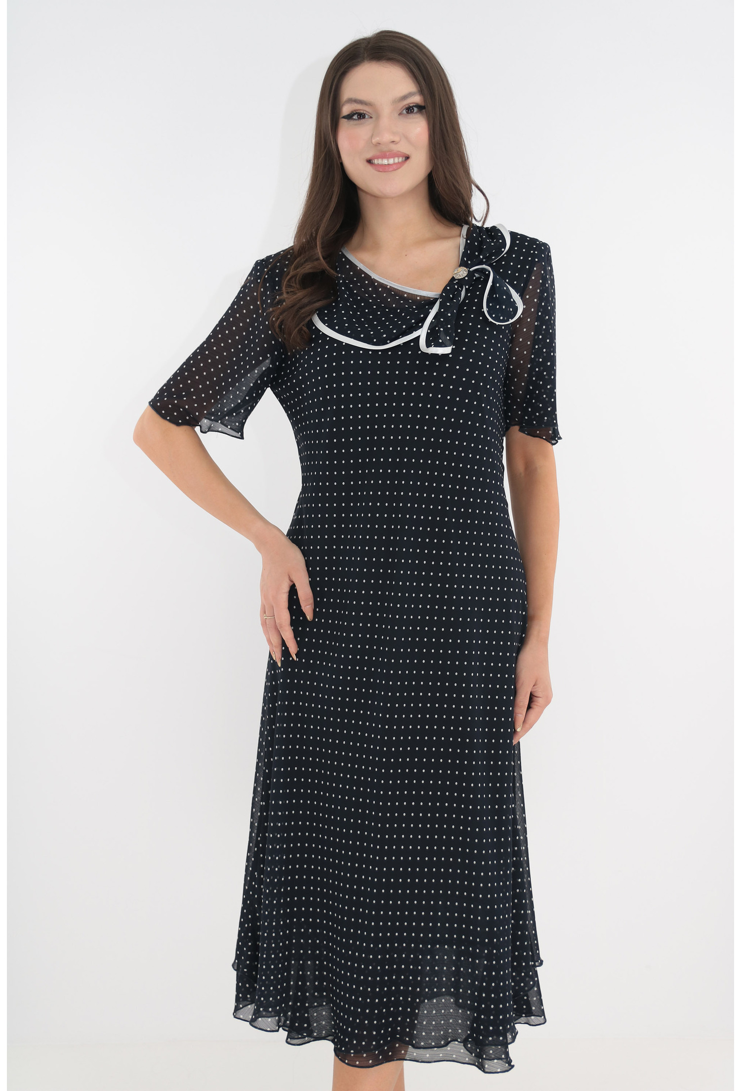 Rochie eleganta din voal bleumarin cu buline imprimate