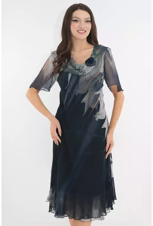 Rochie eleganta din voal bleumarin cu flori gri