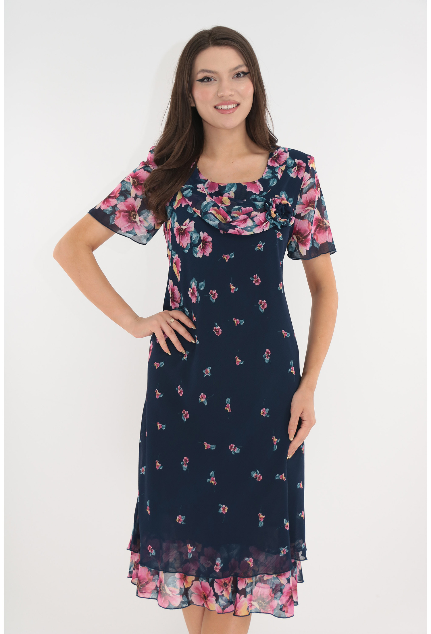 Rochie eleganta din voal bleumarin cu print floral roz