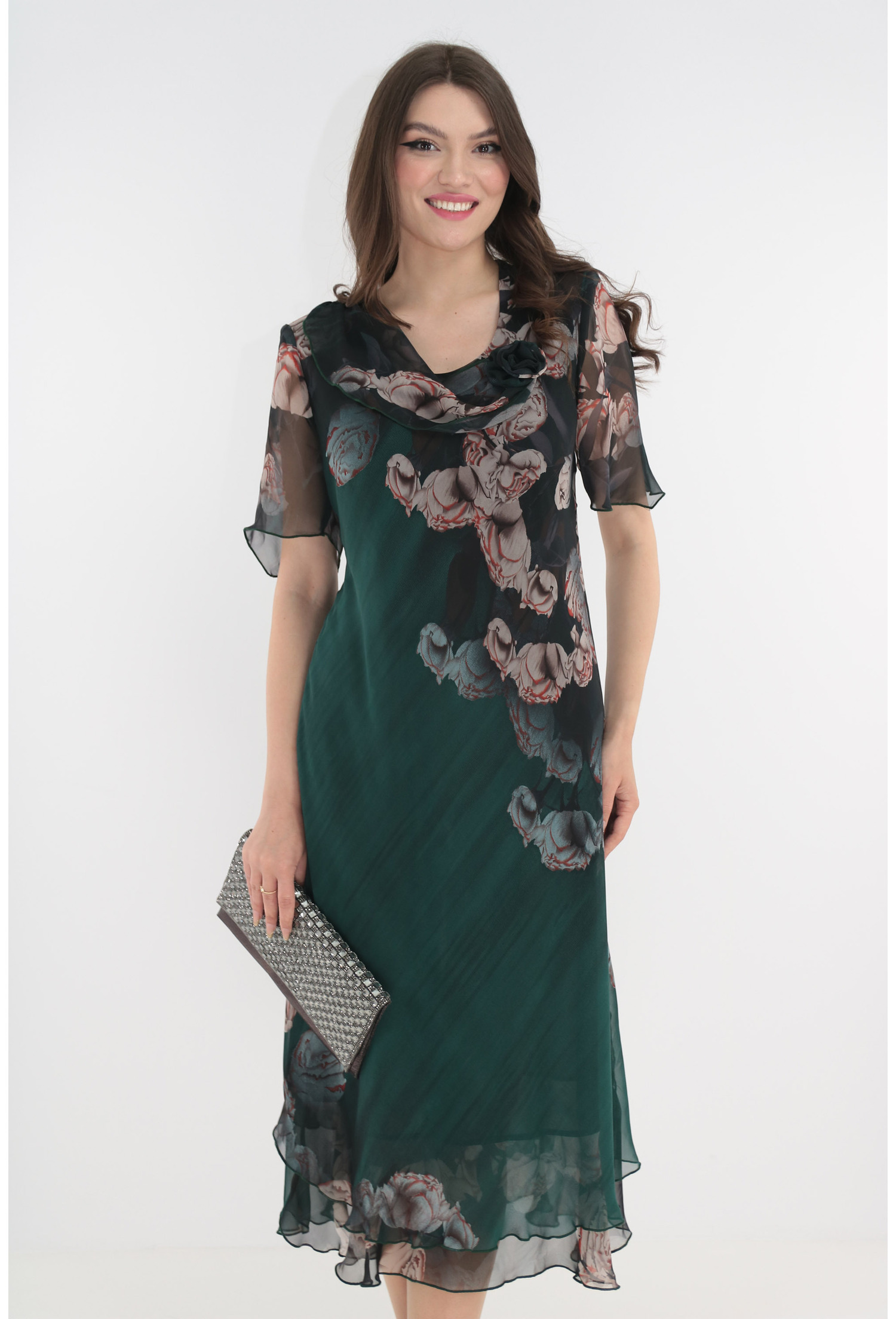 Rochie eleganta din voal verde cu flori bej