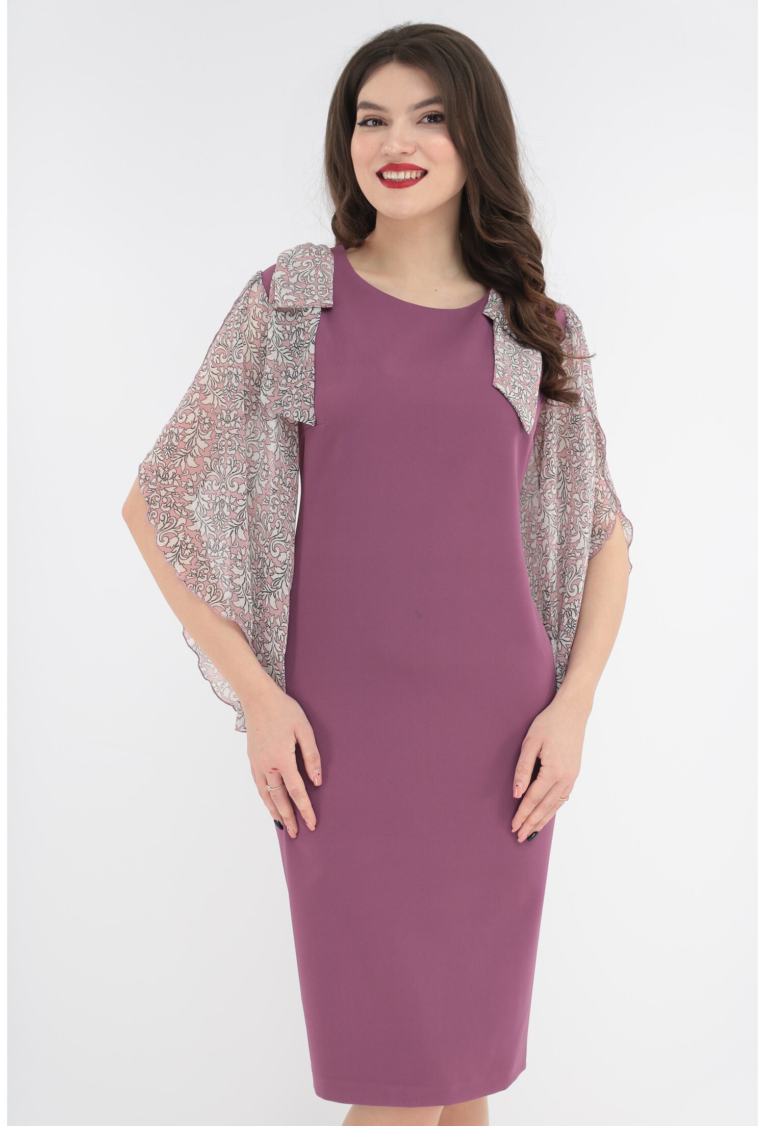 Rochie eleganta lila cu maneci din voal imprimat