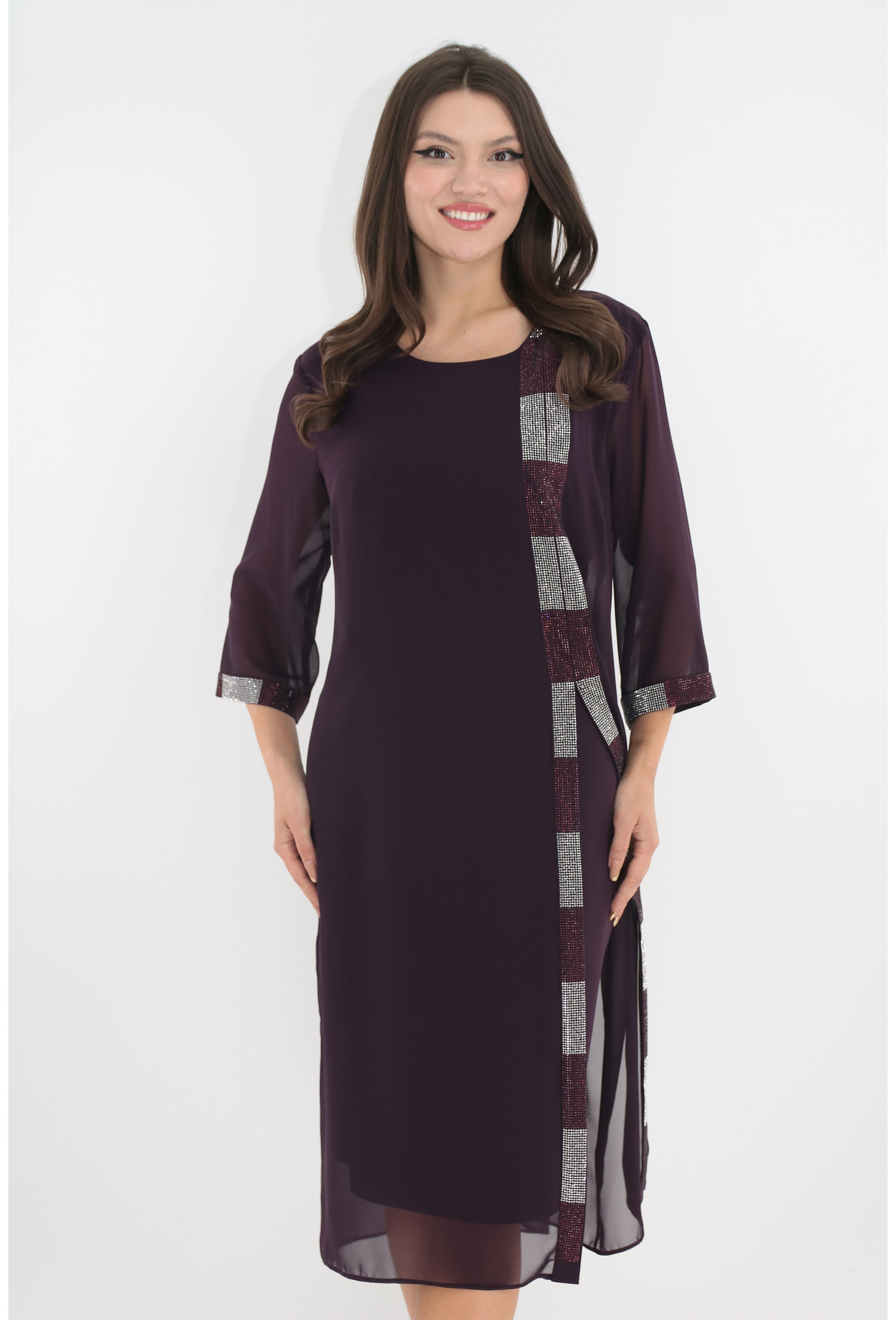 Rochie eleganta mov cu aspect suprapus si strasuri