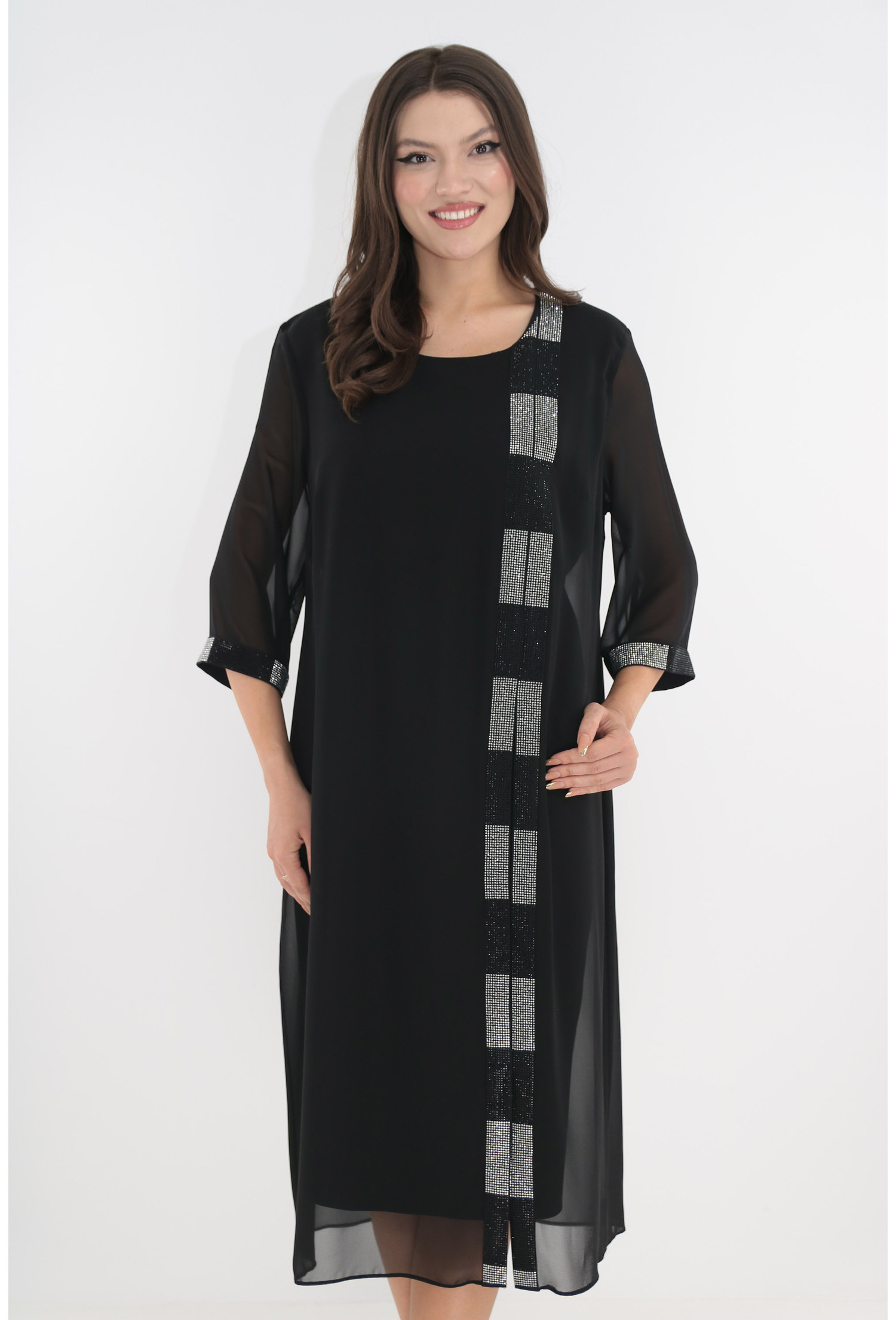 Rochie eleganta neagra cu aspect suprapus si strasuri