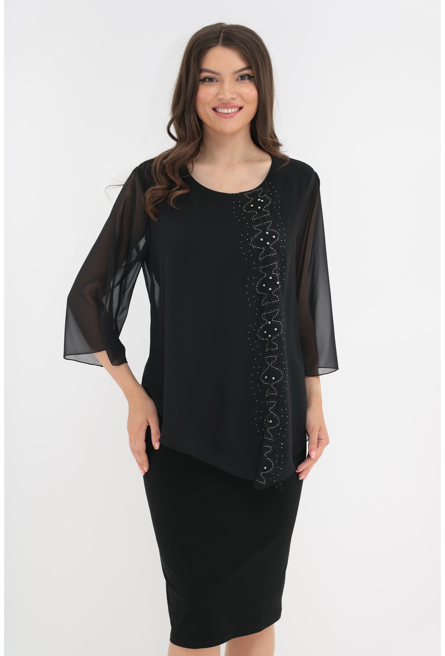 Rochie eleganta neagra cu strasuri si aspect suprapus