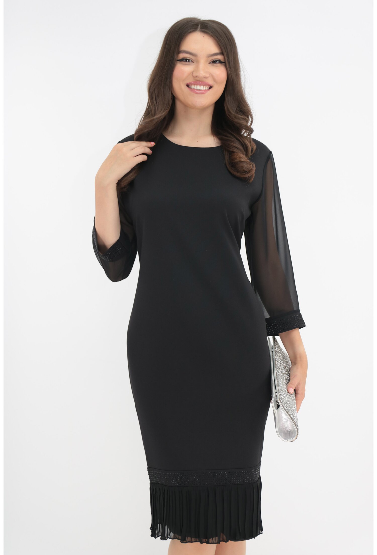 Rochie Eleganta Neagra Cu Strasuri Si Voal Plisat La Tiv