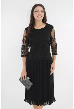 Rochie eleganta neagra din voal plisat si dantela cu glitter