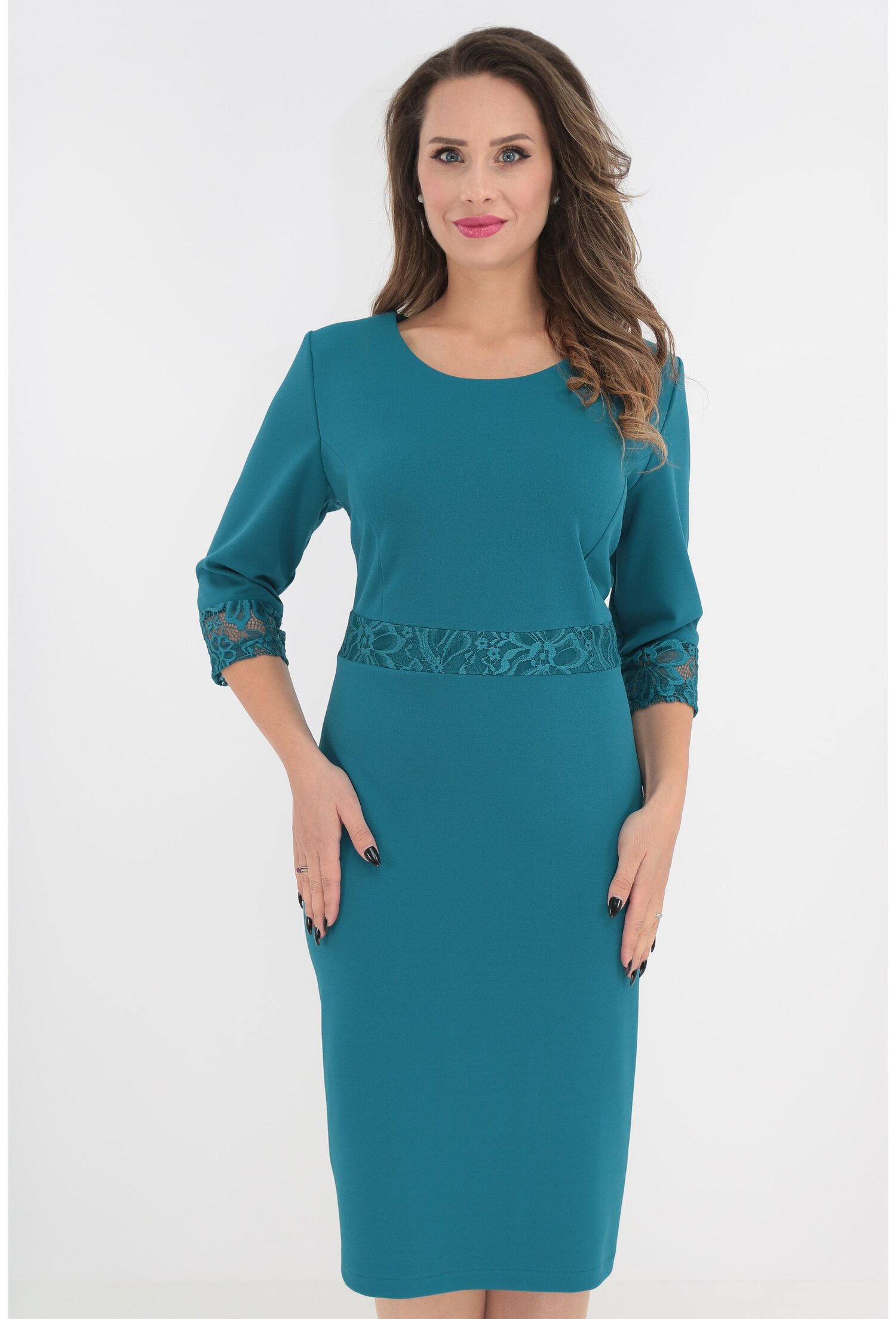 Rochie eleganta turcoaz cu insertii din dantela