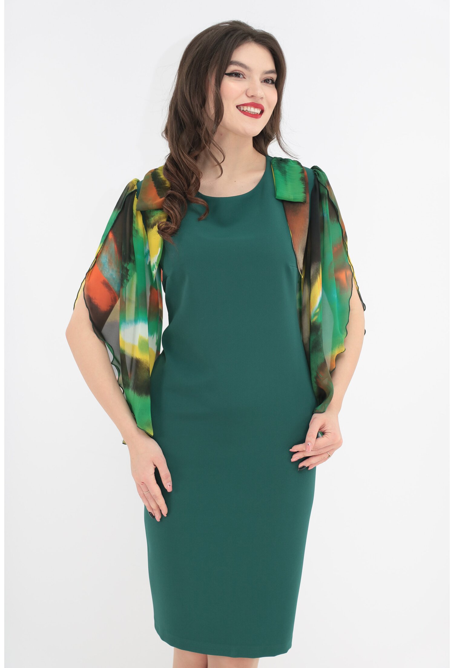 Rochie eleganta verde cu maneci din voal imprimat