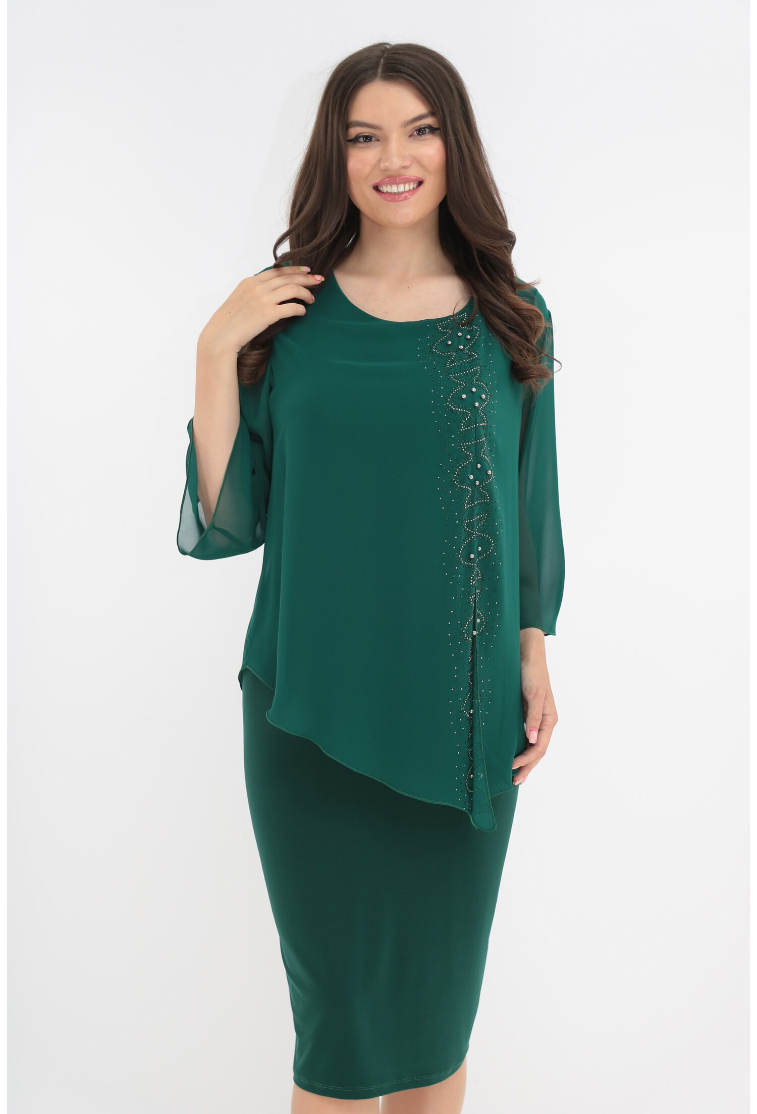 Rochie Eleganta VerdeSmarald Cu Strasuri Si Aspect Suprapus