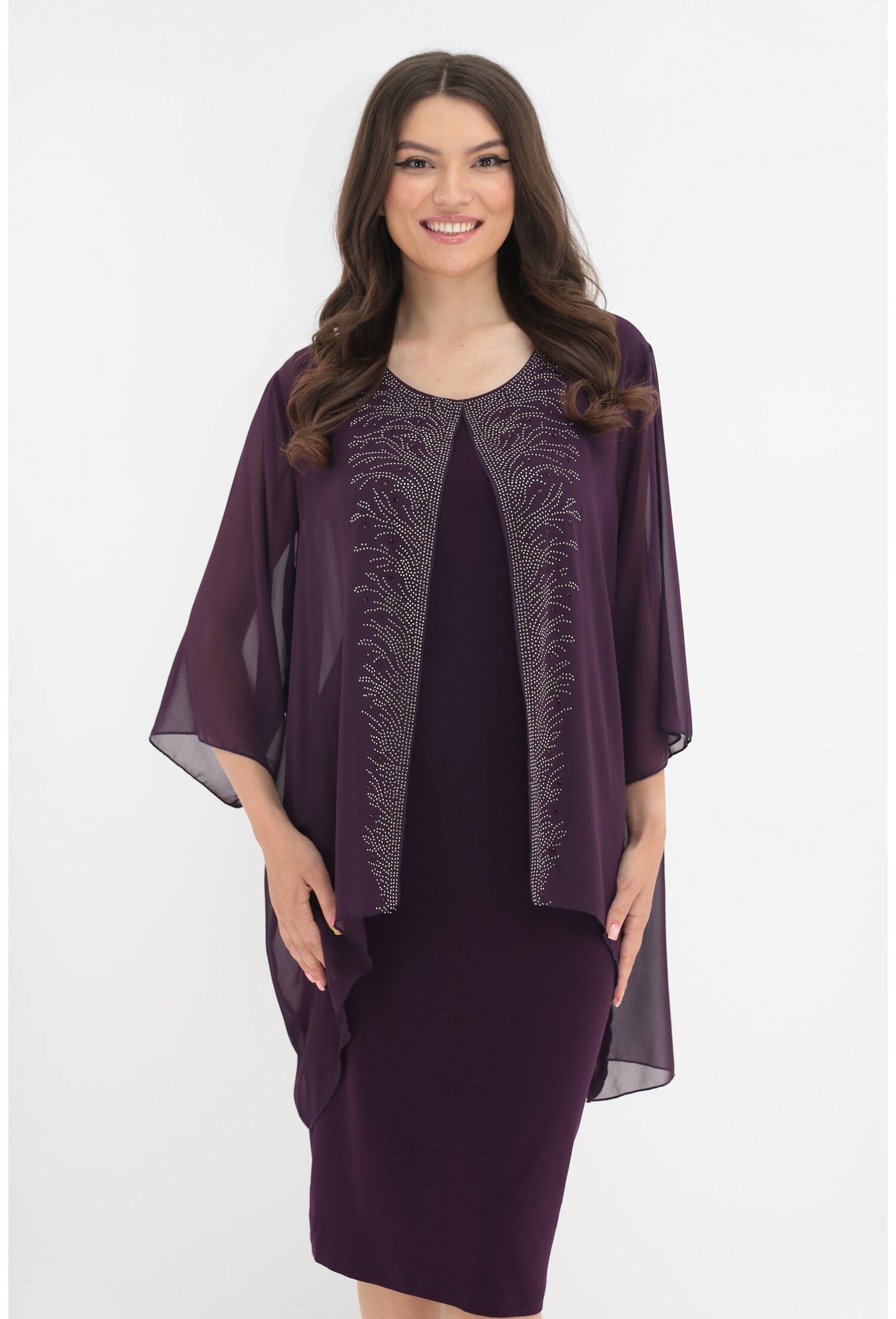 Rochie Eleganta Violet Cu Strasuri Si Aspect Suprapus