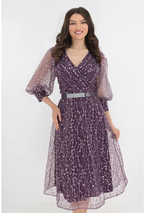 Rochie eleganta violet din tull cu dantela si glitter