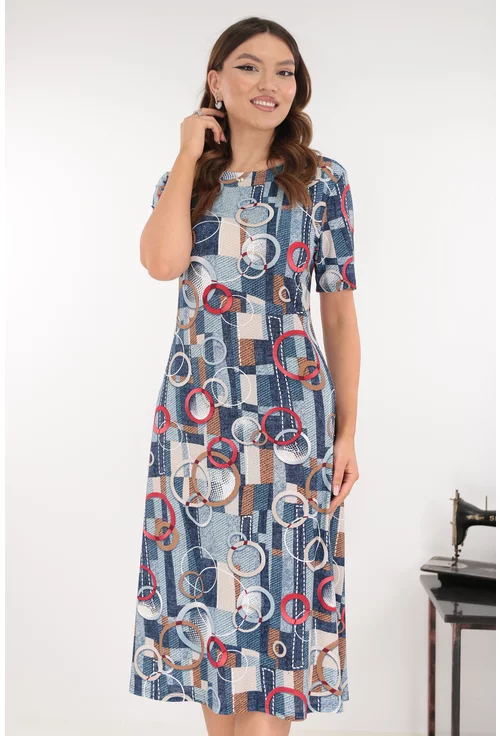Rochie evazata albastra cu imprimeu geometric