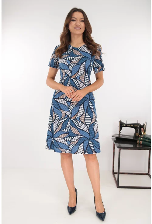 Rochie evazata albastra cu print abstract alb-bej