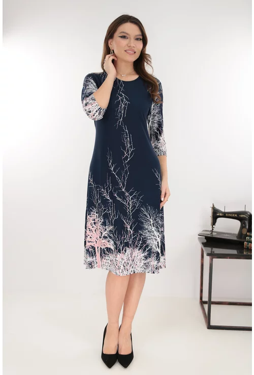 Rochie evazata bleumarin cu bordura florala alba