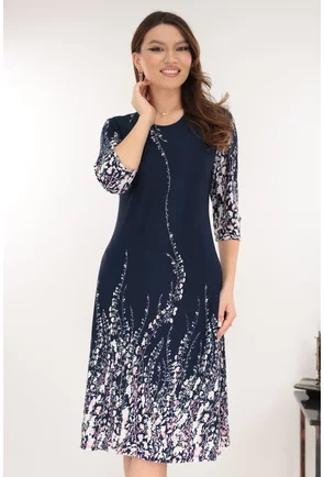 Rochie evazata bleumarin cu flori roz si albe la tiv