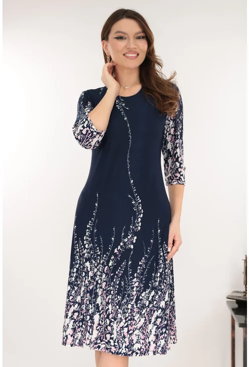 Rochie evazata bleumarin cu flori roz si albe la tiv