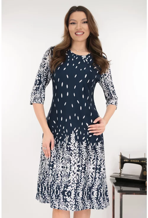 Rochie evazata bleumarin cu imprimeu floral la tiv