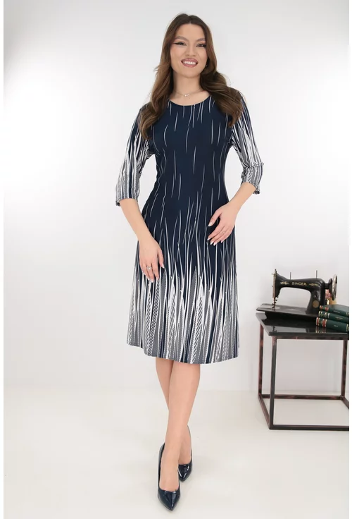 Rochie evazata bleumarin cu imprimeu geometric la tiv