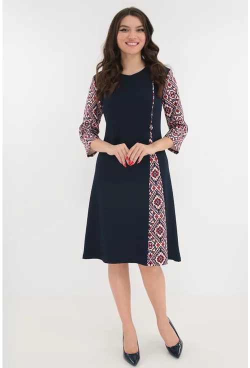 Rochie evazata bleumarin cu maneci multicolore