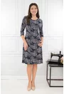 Rochie evazata bleumarin cu print abstract alb-bej