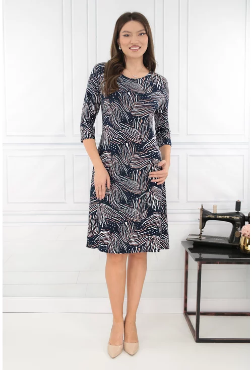 Rochie evazata bleumarin cu print abstract alb-bej