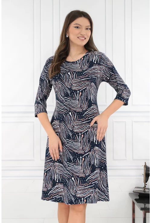 Rochie evazata bleumarin cu print abstract alb-bej