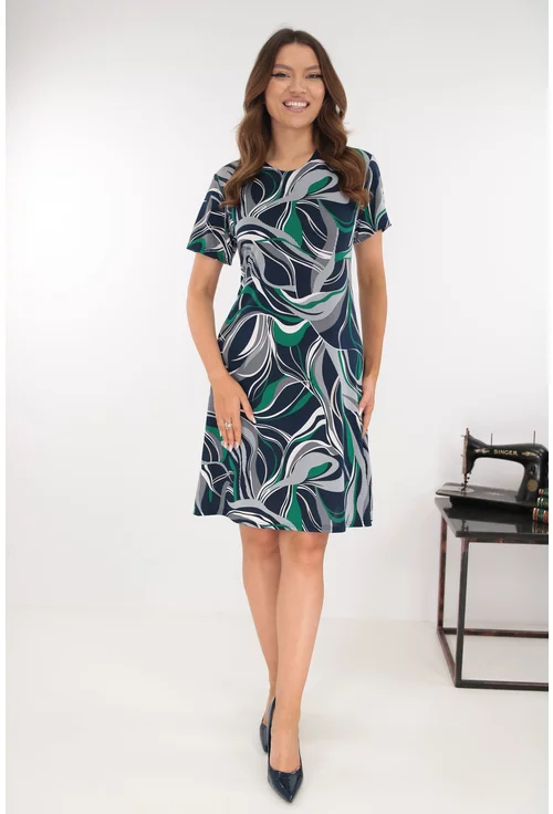 Rochie evazata bleumarin cu print abstract alb-verde