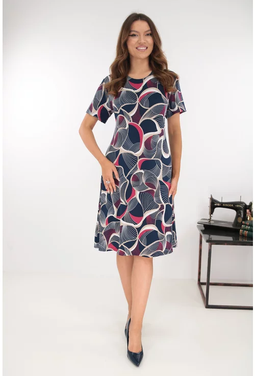 Rochie evazata bleumarin cu print abstract fucsia