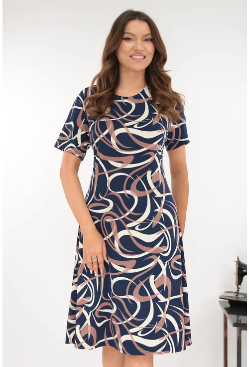 Rochie evazata bleumarin cu print abstract maro-bej